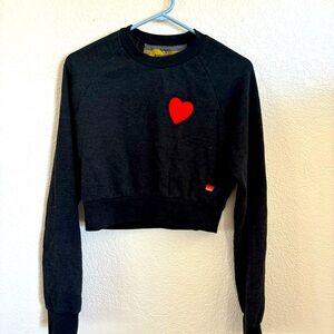 Aviator Nation Crop Heart Embroidered Sweatshirt Size S Gray Black